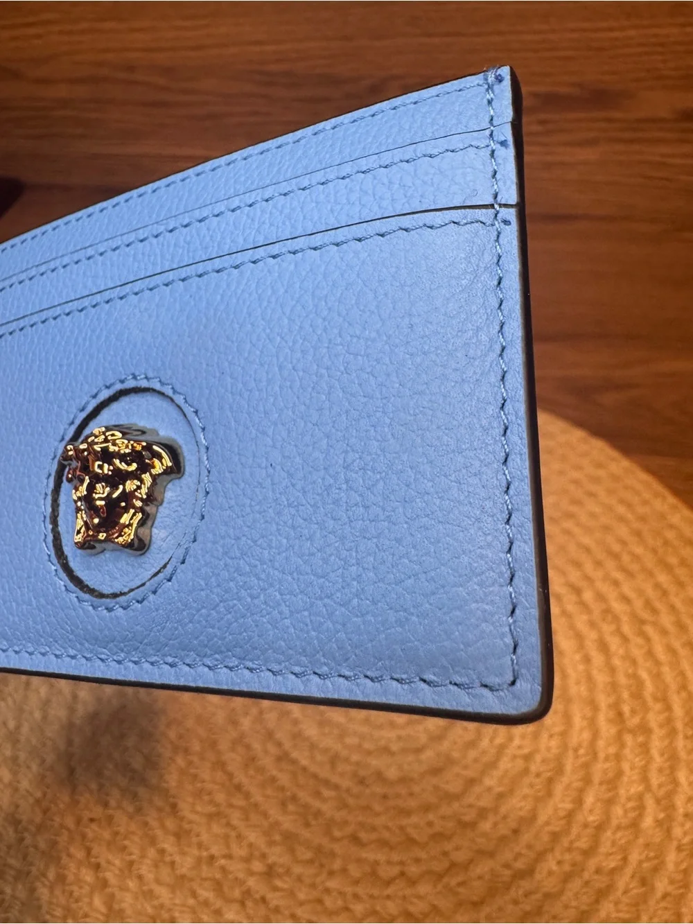 NEW Versace La Medusa Azure Blue Leather Card Holder Wallet With Box And Papers